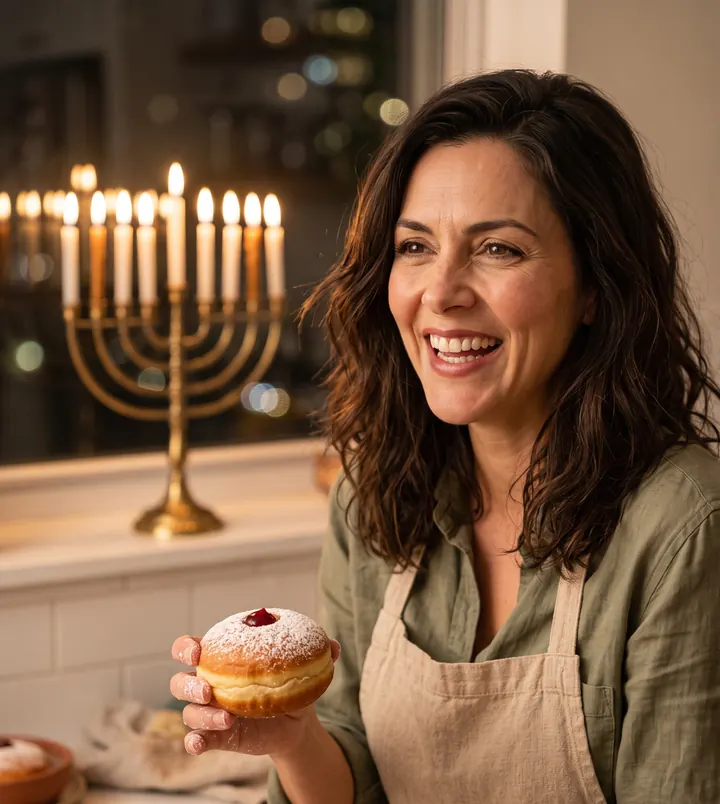 מישל צוחקת במטבח, עם סופגנייה ביד